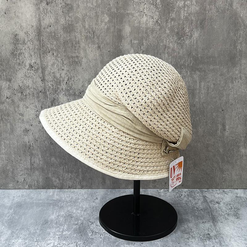 Wenyi Fan Small V Face French Elegant Big Brim Hollow Back Pleated Bucket Hat Women'S Summer Versatile Sun Hat