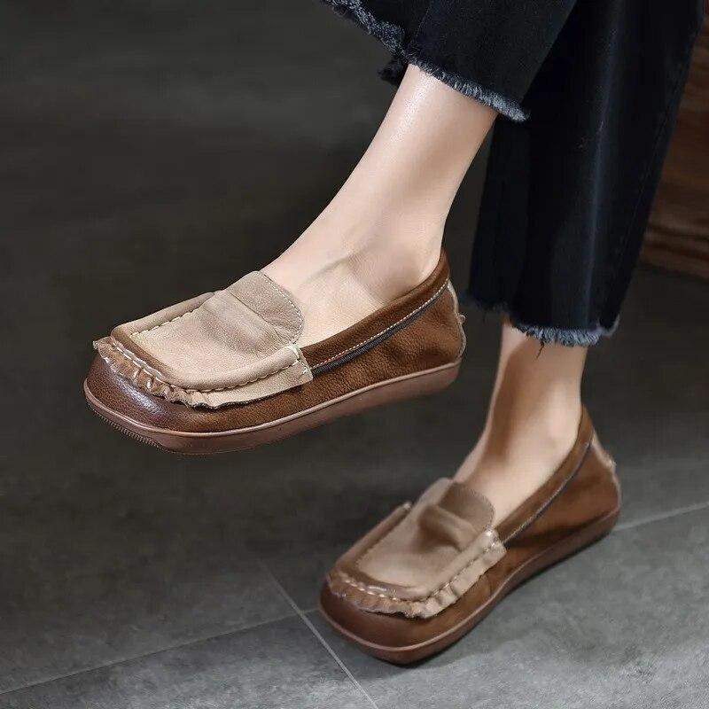 Johnature Loafer aus echtem Leder mit quadratischer Zehenpartie und weicher Sohle, flache Schuhe, Retro-Schlupfschuhe in Mischfarben für Damen