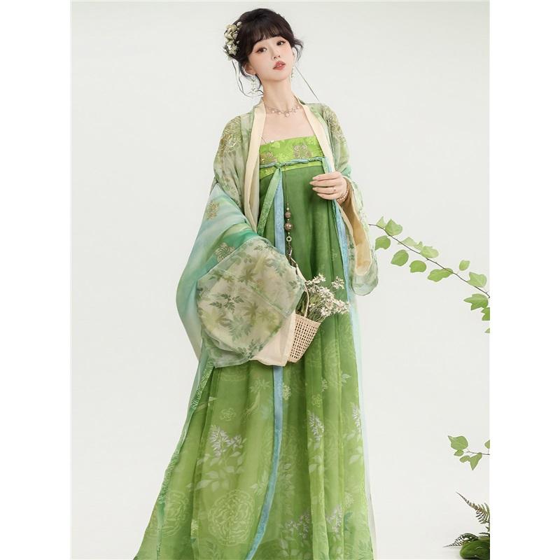 Grünes Hanfu-Set der Tang-Dynastie - Chiffon Qixiong Ruqun mit Pishan-Umhang, Traditionelles Chinesisches Kleid für Damen für Frühling und Sommer