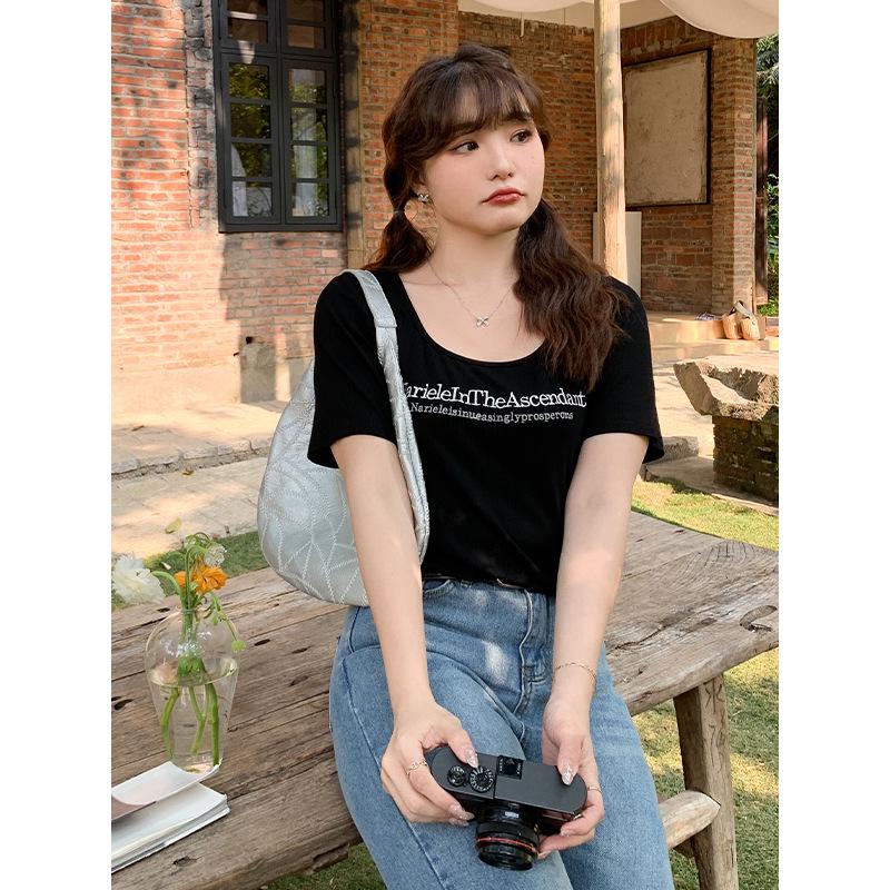 Plus Size Square Neck Embroidered Slim Fit Irregular Summer Top for Women