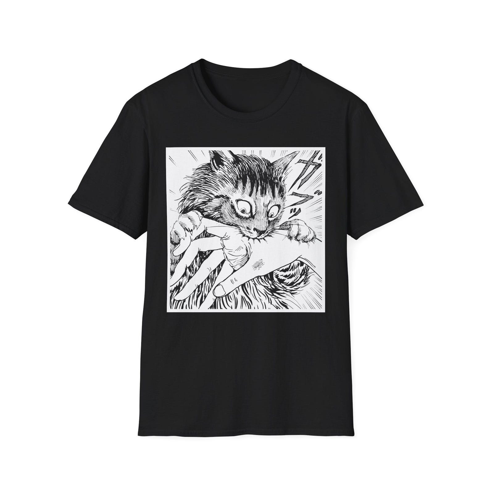 Tomie Cat T-Shirt | Junji Ito Horror Manga Graphic Tee | Black Cat Biting Hand Shirt, Japanese Anime Horror, Uzumaki Fan Gift 3XL