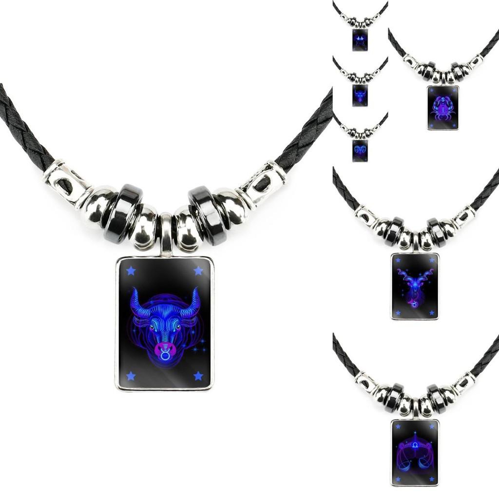 Trendy Unisex Zodiac Pendant Necklace Handmade With Black Leather Rope