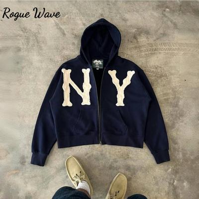 RogueWave Y2k Harajuku Retro Trendy Značka Písmenková Výšivka Oversized Mikina Ženy High Street Móda Volná Mikina s Kapucí na Zip