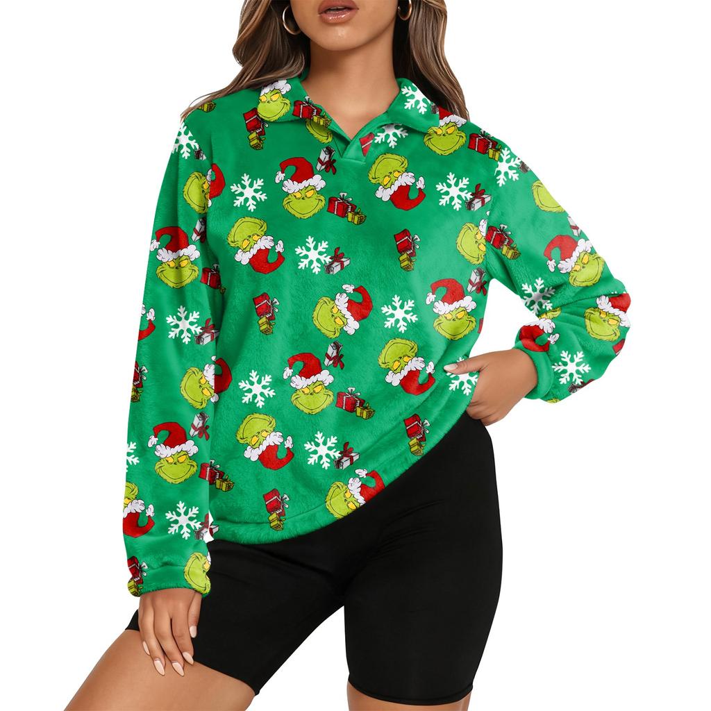 Women's Stand Collar Pullover Long Sleeve Top Christmas Print Sports Top