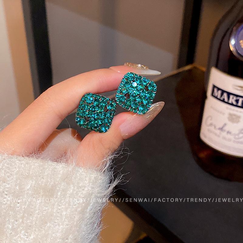 Green geometric diamond-set square stud earrings women's earrings temperament cold wind ears