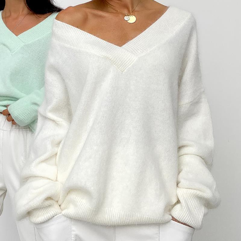 Women's Temperament Solid Knit Sweater V-neck Long Sleeve Faux Mink Hair Soft Loose Knit Top Fashion Lazy Style Simple Casual Sweater