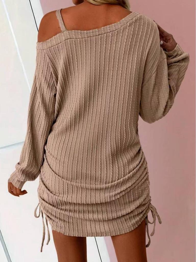 European & American Cross-Border Knitted Slim Fit Ribbed Dress with Ruffle & Drawstring, Long Sleeve, Autumn/Winter Fashion 2025