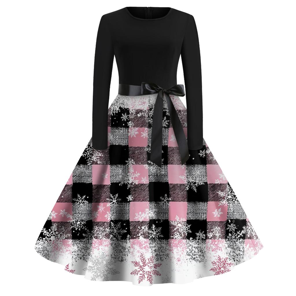 Dámské módní kulaté ležérní slim fit šaty s vánočním potiskem, velké kolové, s dlouhým rukávem