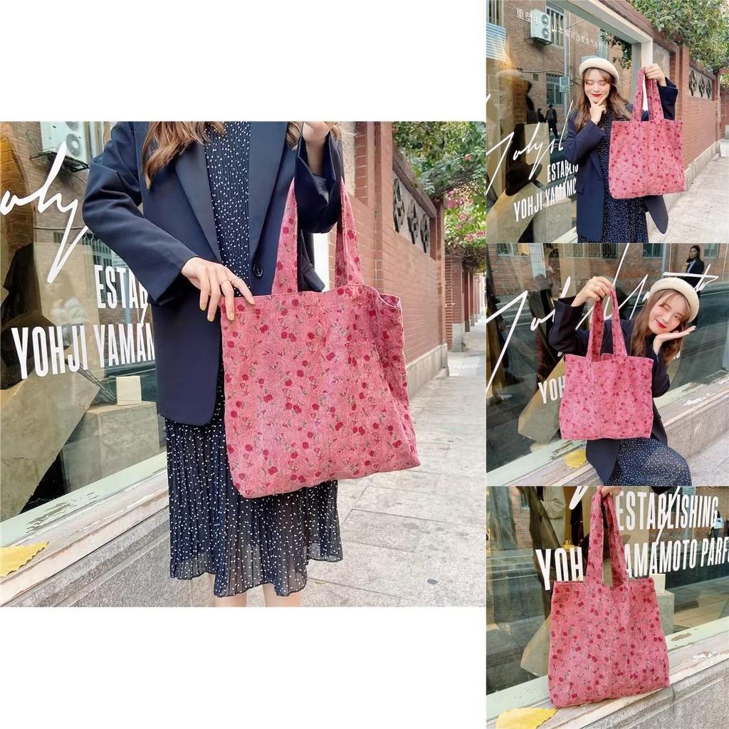 Fashionable Dusty Rose Corduroy Tote Bag With Artistic Design Versatile Large Capacity For Students