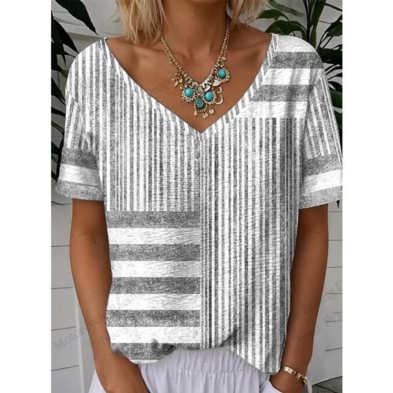 2026 New Women's Graphic Striped 3d Print T-shirt Women Fashion Casual V-Neck Short Sleeve Tops Tees Womens Clothes Large Size