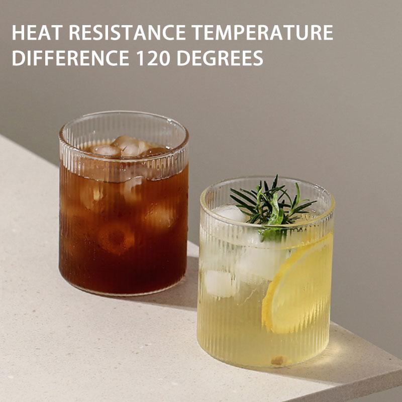 10oz Premium Glass Coffee Mug with Handle – Classic Vertical Stripes Transparent Tea Cup for Hot/Cold Beverages (1/2 Pcs)