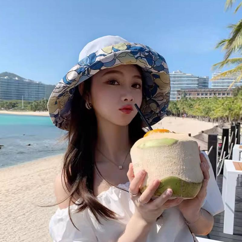 Double-Sided Bucket Hat For Women Vacation Style Flower Print Wide Brim Fisherman Hats Sun Hat