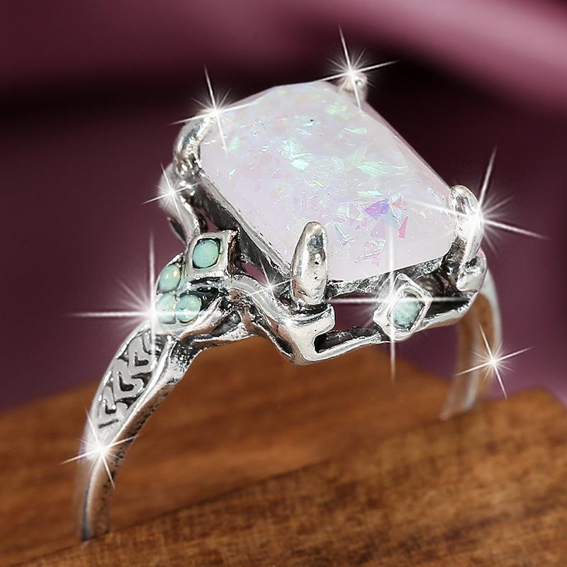 New Square White Opal Ancient Silver Ring European and American Bride Ladies Wedding Hand Jewelry
