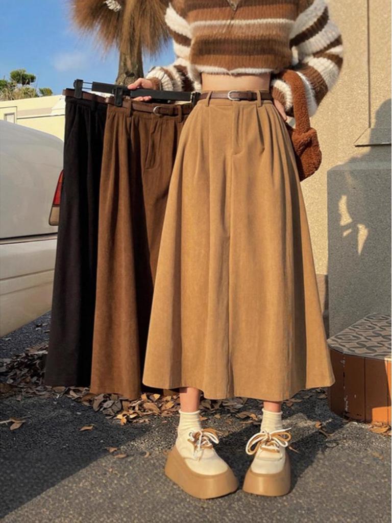 2025 Korean Style Women's High Waist Corduroy A-line Skirt – Autumn/Winter Retro Long Skirt with Large Hem and Slimming Fit