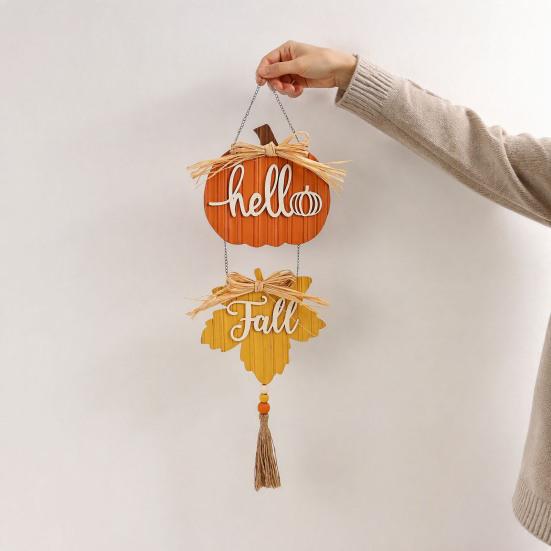 Thanksgiving Party Wall Hanging Hello Fall Wooden Sign, Pumpkin Maple Leaf Door Hanger with Festive Tabletop Decor Tassel, Autumn Harvest Decor,