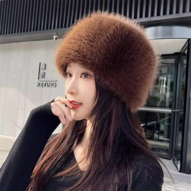 Women Warm Snow Ski Cap Fur Bucket Hat Mongolian Hat Ear Protection Winter Hats Thick Windproof Dome Luxury Plush Fisherman Hat