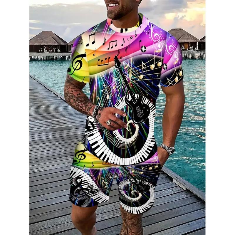 Men's Summer Leisure Set Piano Theme Print T-Shirt & Shorts Breathable Casual Outfit for Holiday/Beach