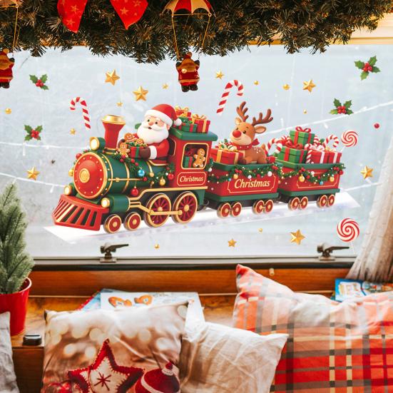 Kids Room Christmas Ornament Train Wall Sticker, Santa Claus Reindeer Decals, Self Adhesive Festive Stickers Murals, Removable PVC Art Decor for Home