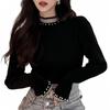 Tiernyueth Pearl Lace Half Turtleneck Knit Top with Long Solid Soft To the Women's Sleeves, Color, Splicing, Touch, Stretchy, Warm, Versatile,
