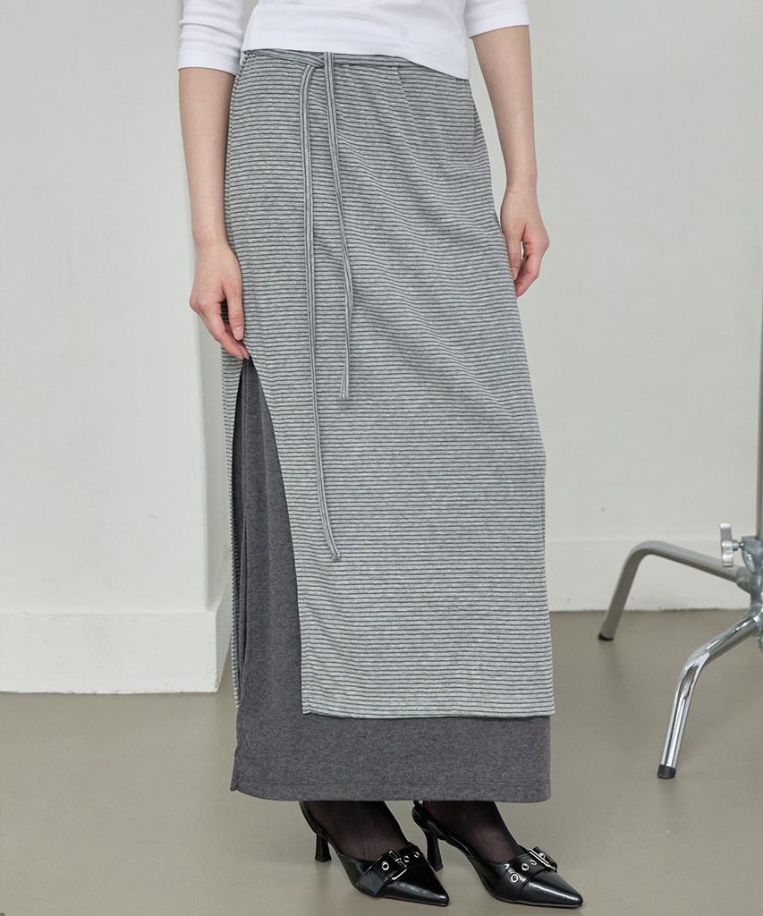 Lense Striped Layered Long Skirt Gray