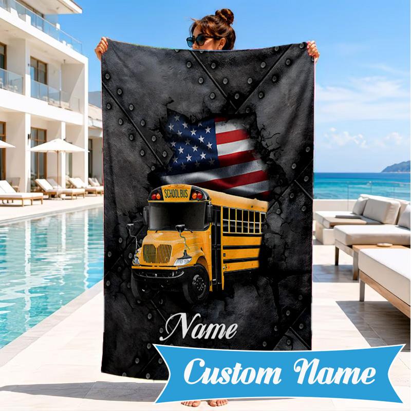 Custom Name Beach Towel School Bus Adventure Microfiber Beach Towel, Lightweight for Summer Travel, Swimming Pool Fan Birthday Gift