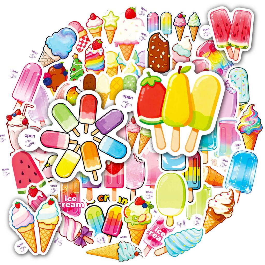 50 Macaron Cones Ice Cream Popsicles Cartoon Graffiti Stickers Easy Tear Small Handles Stickers Diary Decoration