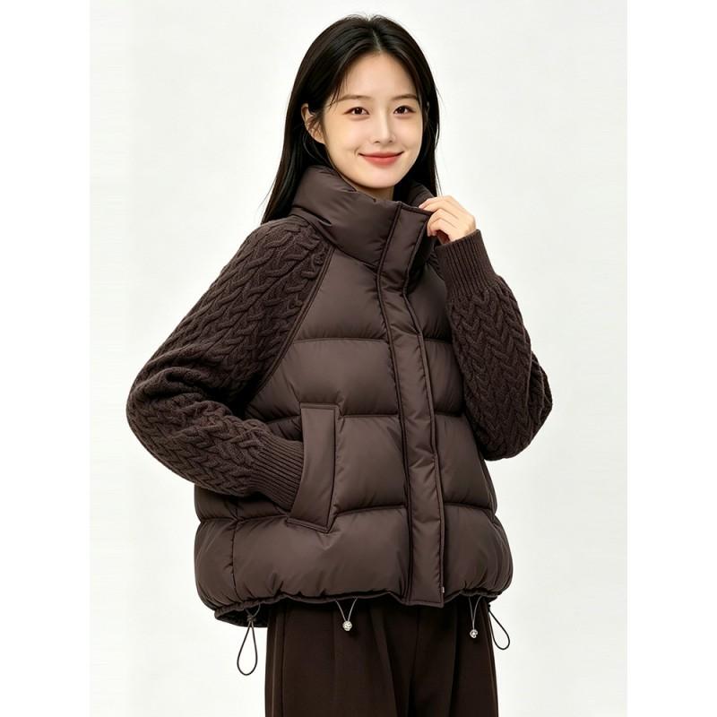 Womens Short Loose Fit Stand Collar Knit Patchwork Down Cotton Jacket Winter Warm Outerwear