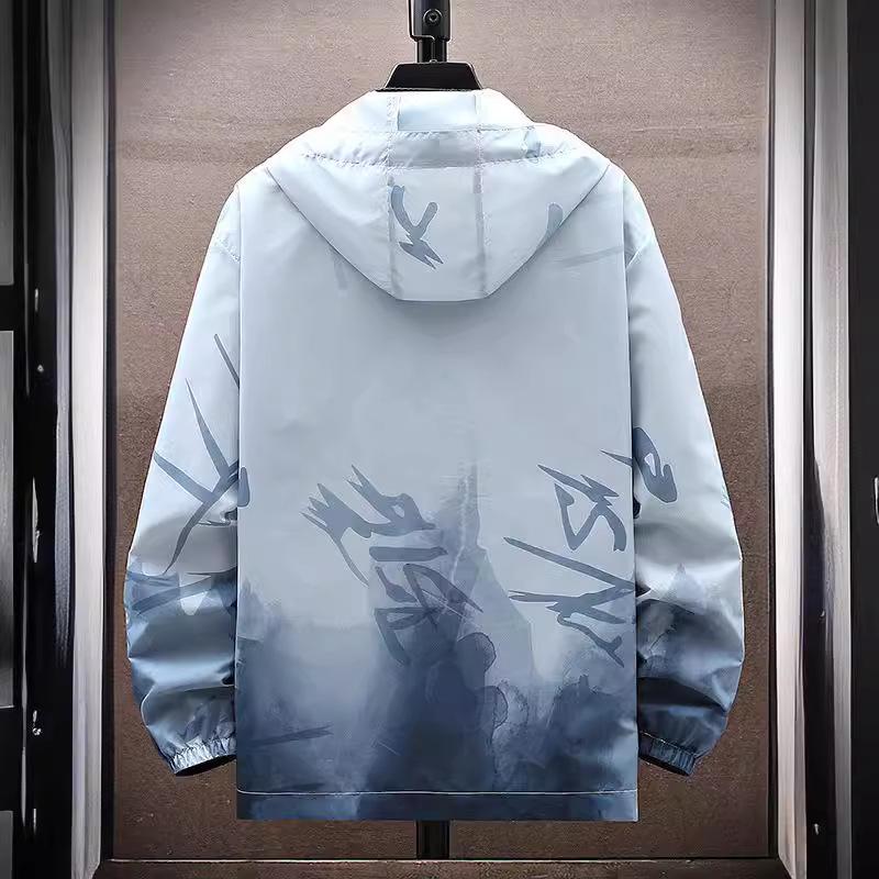 Men's Hooded Ice Silk Cooling Jacket - Chinese Style Print, Lightweight & Breathable Sun Protection
