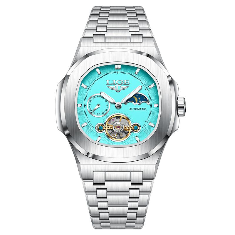 LIGE Dual Seconds Tourbillon Watch 24 Hour Mechanical Watch Men Stainless Steel Authentic Watch Night Glow Waterproof Mens Watch