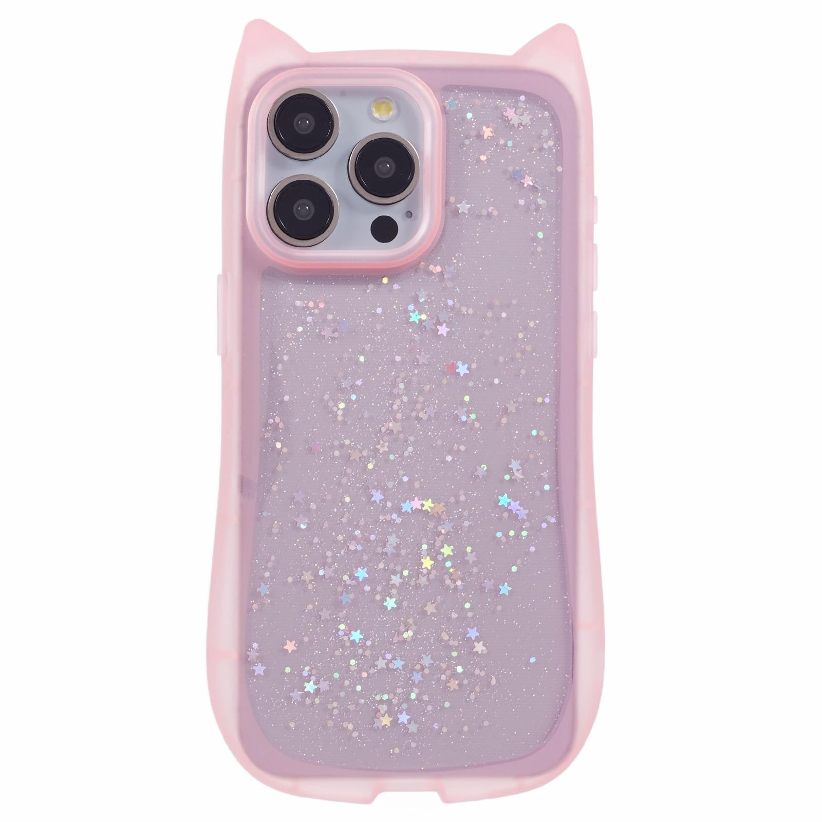 

JTW Series For iPhone 12/12 Pro Case Epoxy TPU Phone Cover Cute Cat Ear Design Transparent Pink