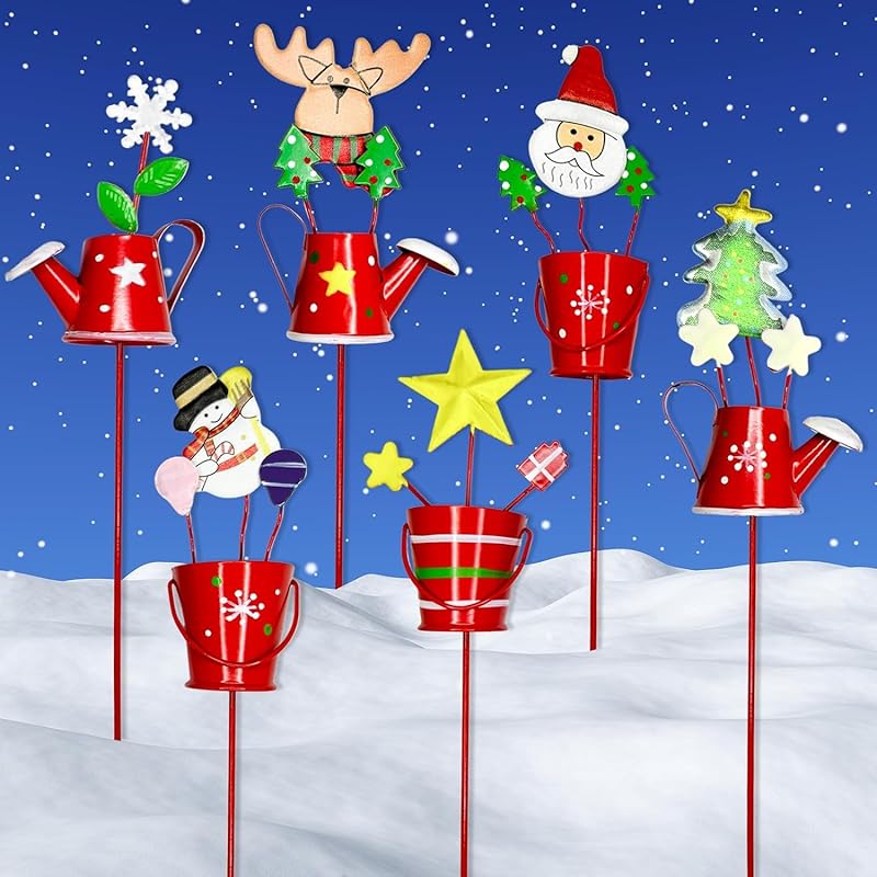 6PC Metal Spring Garden Decoration Stakes for Plant Pot Yard Decor Yard Stakes Christmas Decor for Metal Yard Art Flower Stick for Outdoor and Garden