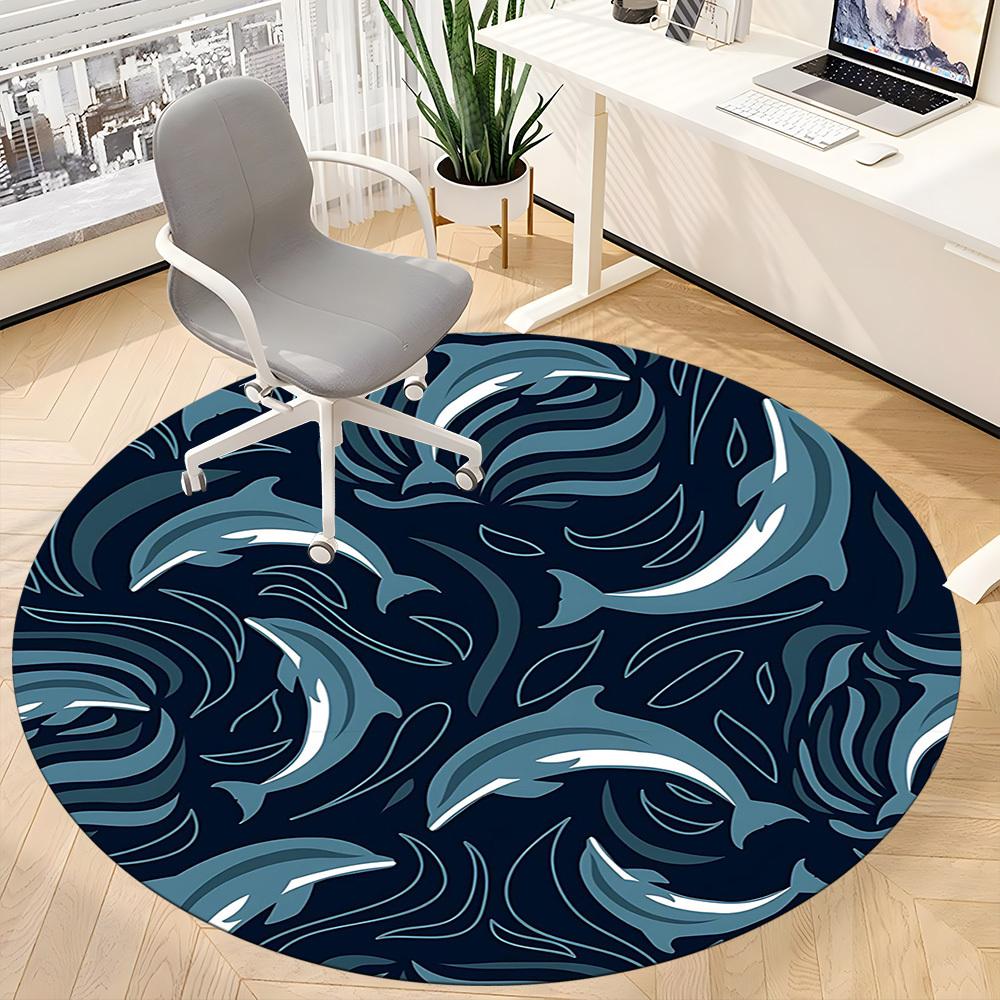 1PCDolphin Ocean Office Round Area Rug, Mat Suitable For Office, Under Office Chairs Bedroom Living Room Home Decor, Room Deco
