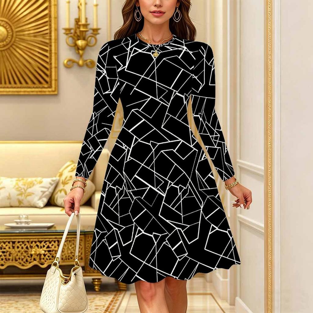 Women Long Sleeve Round Neck Midi Dress Boho Watercolor Floral Dot Stripe Plum Blossom Print Flared Casual Dress
