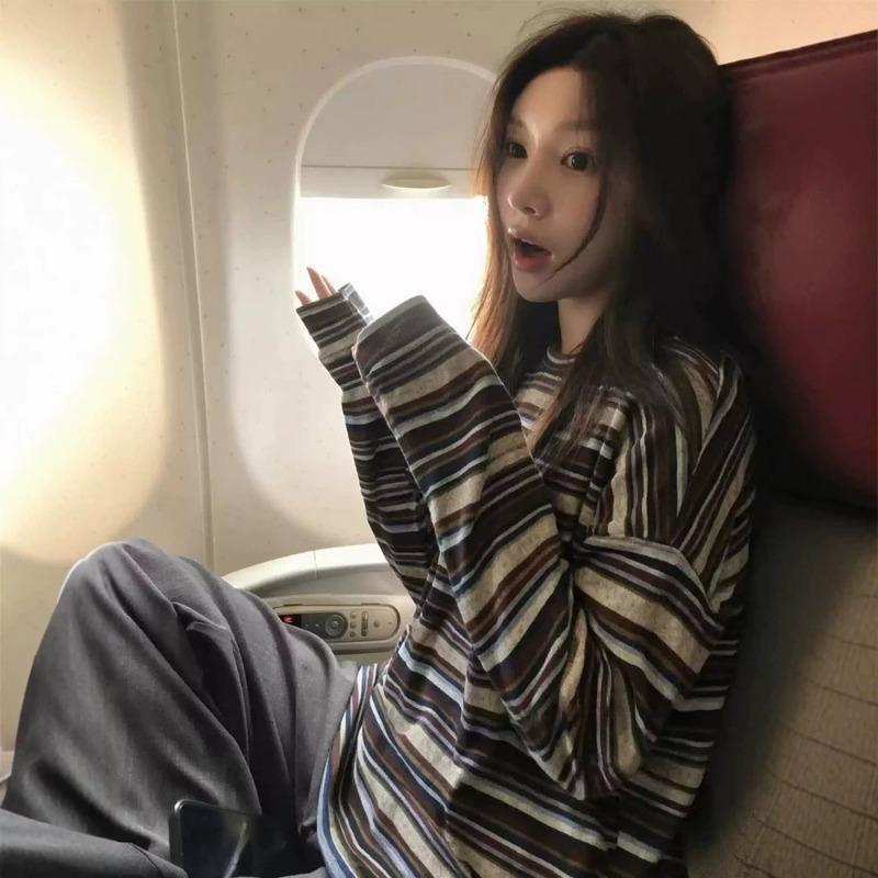 Women S Loose Striped Long Sleeve Crew Neck T Shirt Vintage Casual Top