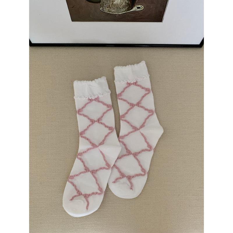 

Носки до середины икры с ромбовидным бантом, милые кружевные носки, женские осенне-зимние носки с высоким уровнем внешнего вида 1 pair розовый