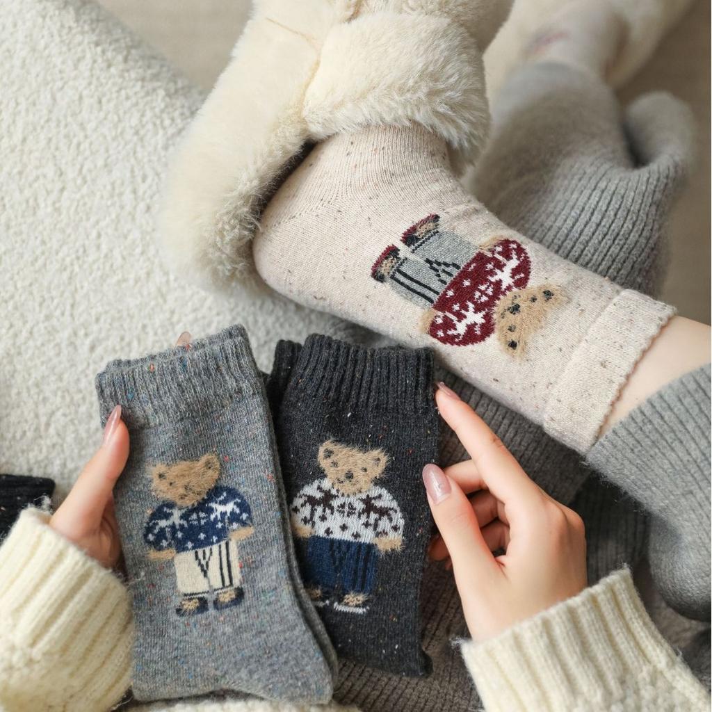 Vintage Sweater Bear "Cartoon Wool Socks Children'S Medium Tube Socks New Flocking Design Stacking Socks Women