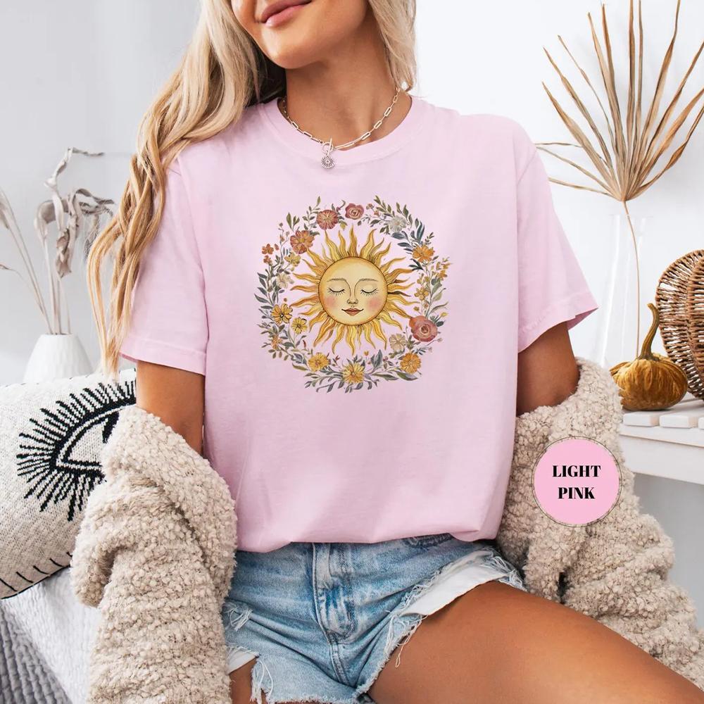 Boho Spiritual Sun Cute Bohemian Comfort TShirt Vintage Women Hippy Floral Outfit Apparel Trendy Y2K Casual Daily Streetwear