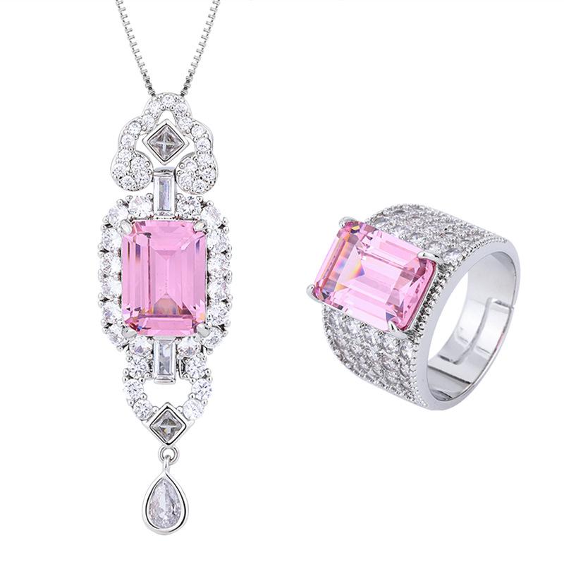 Jewelry Copper Bottom Gold-Plated Simulation Pink Diamond Small Fresh Temperament Set Pendant Ring 10 * 14