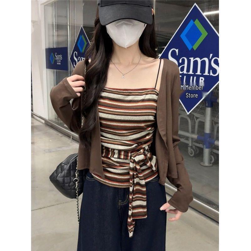 Autumn 2025 Spicy Girl Striped Tie-Up Strapless Shawl Jacket