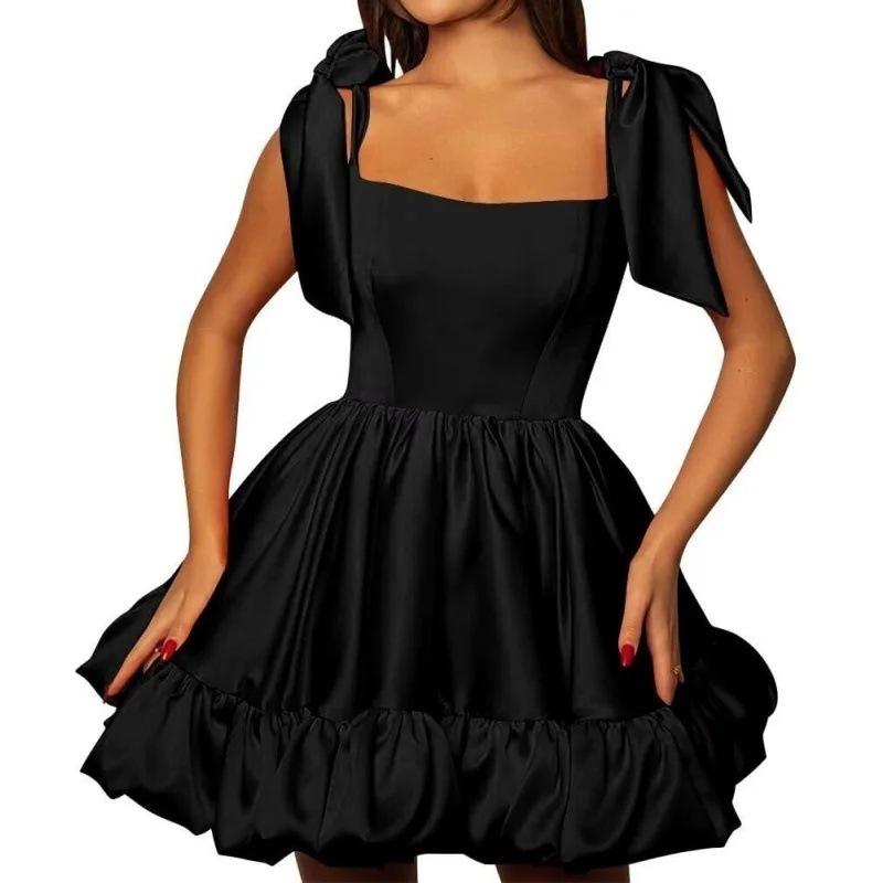 1011 new European and American style evening dress square neck bow satin tutu skirt thin birthday party dance dress
