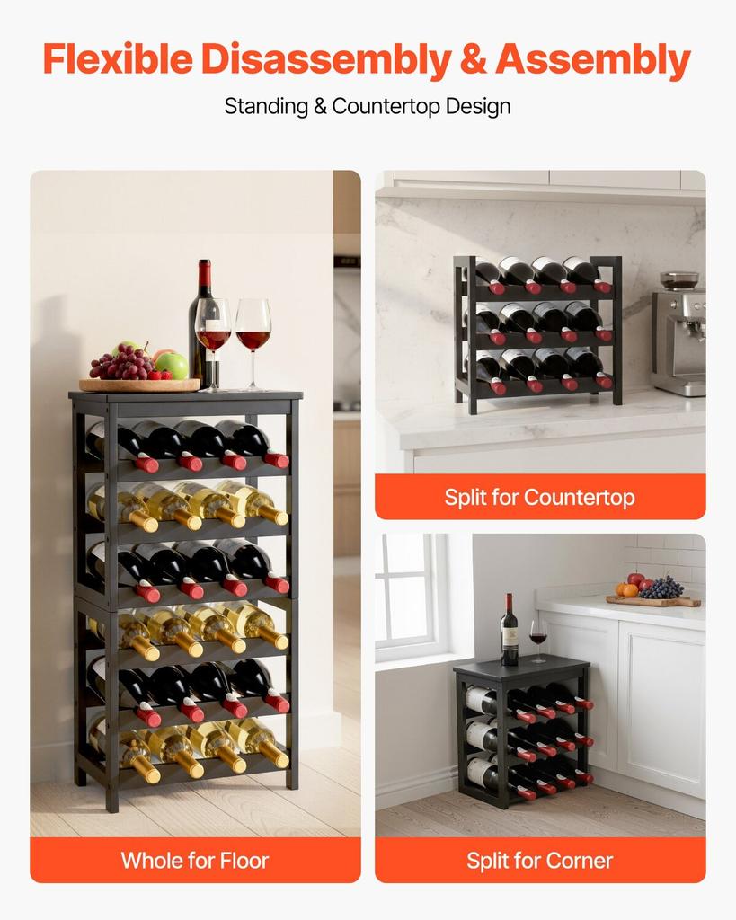 24 Bottle Detachable Wine Rack, 6-Tier Wine Bottle Holder,Solid Bamboo Wood Freestanding Floor Display Wine Storage Shelves with Table Top, for
