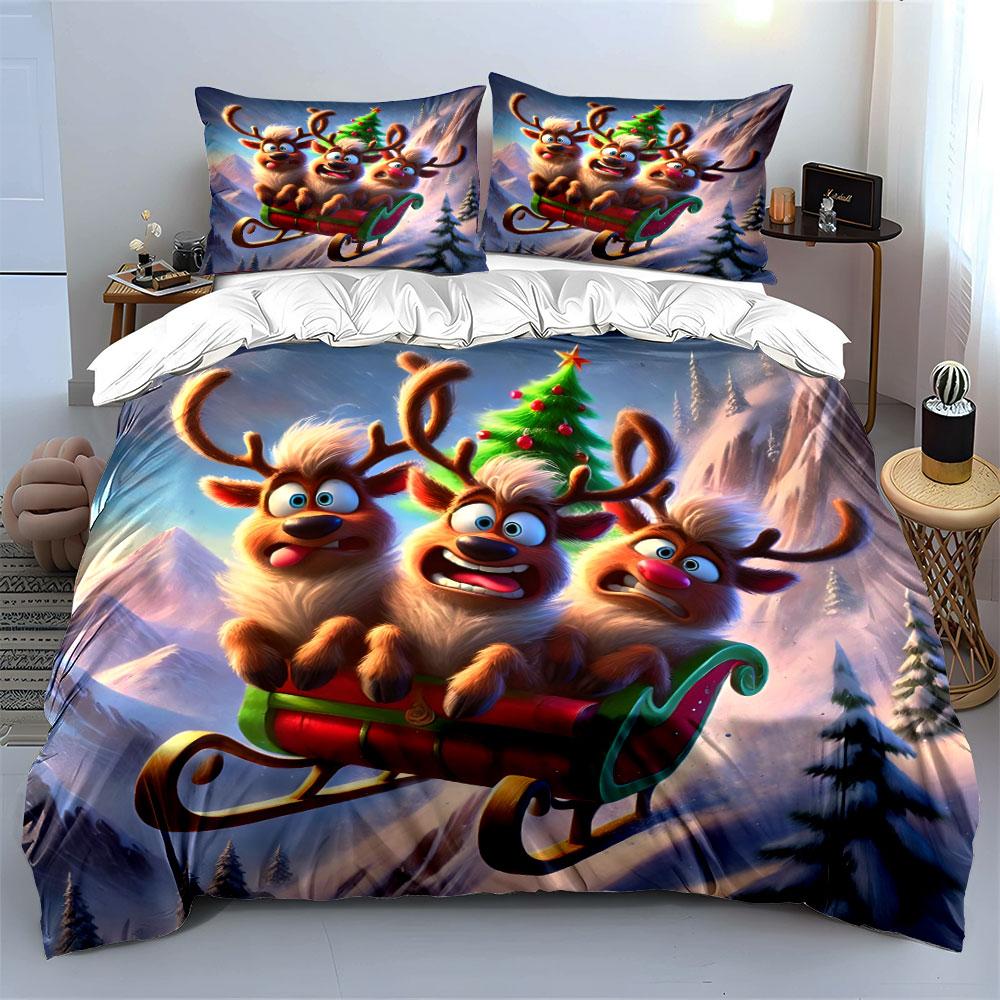 Three Reindeer Sledding Adventure Kid'S And Adults' Bedroom Decor, Exquisite Three-Piece Bedding Set Gift