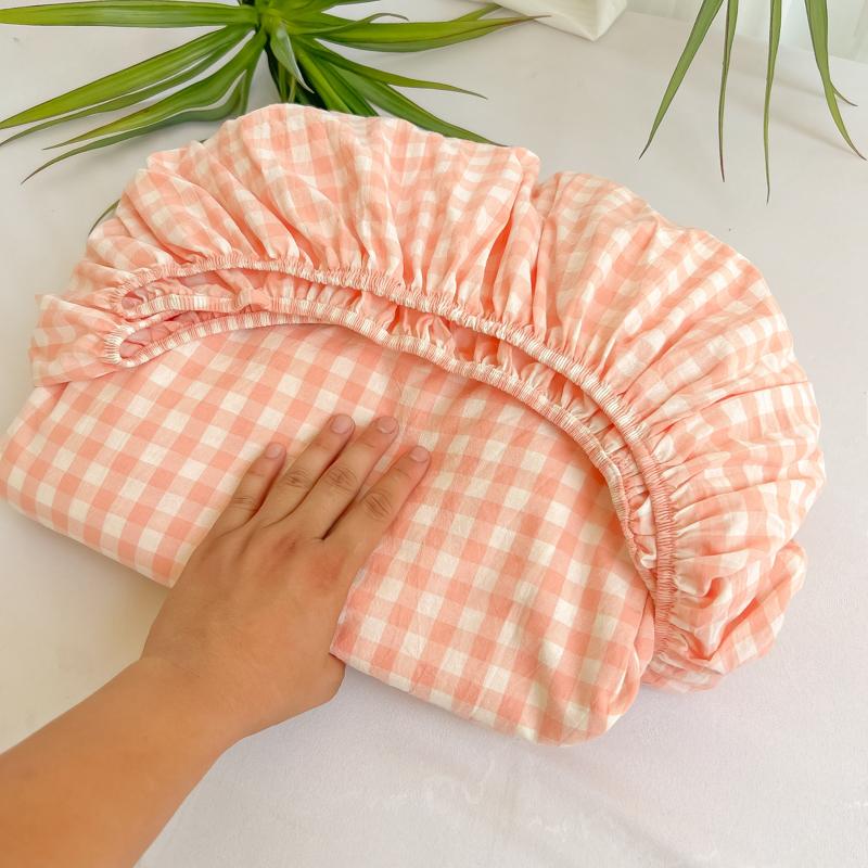 2024 New A-class Solid Color Good Quality Grid Washed Cotton Bed Sheet, Single Piece Fully Enclosed Non Slip Bed Sheet, Bed