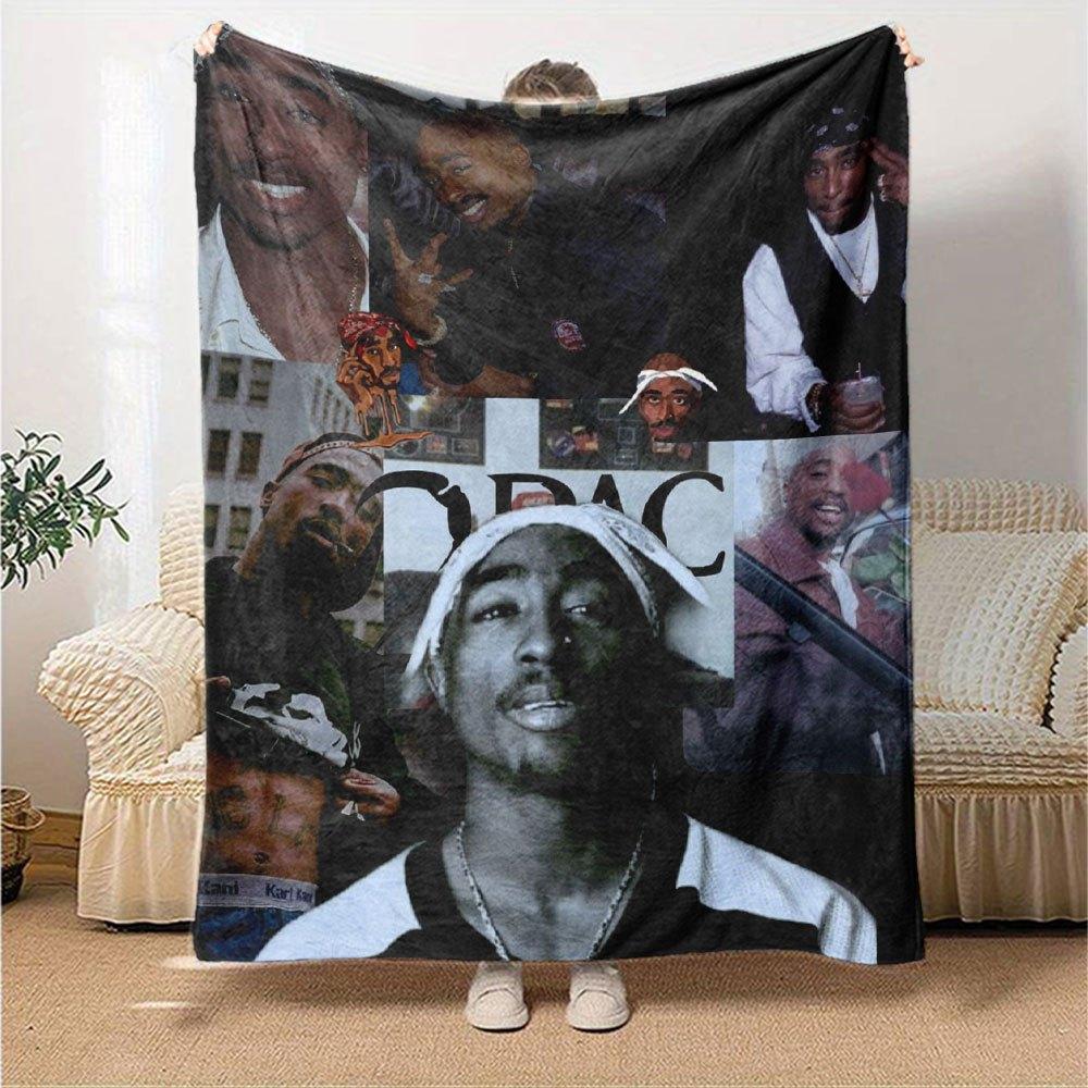 1pc 2PacHip Hop Blanket Soft Lightweight All Season Multi Purpose Throw for Sofa, Bed, Office & Picnics, French Style with Iconic Album Art & Quotes