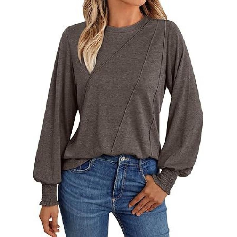 2026 popular women's long-sleeve shirt with pleated round neck, autumn top, fashionable women's clothing