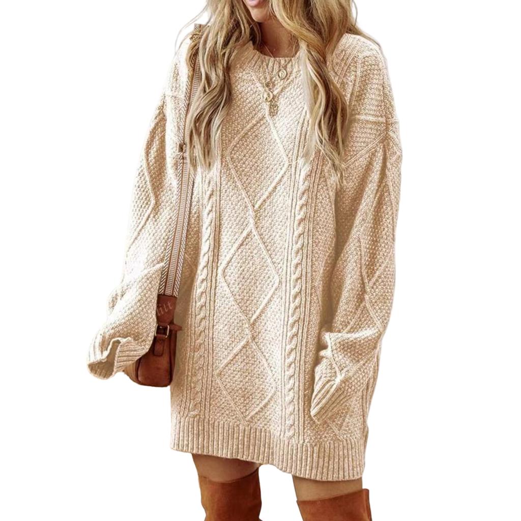 Women's Fashion Loose Cable Knit Long Sleeve Pullover Sweater Dress