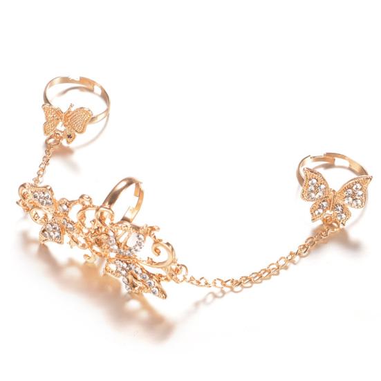 Fashion Rhinestone Hollowed Butterfly Link Finger Ring Adjustable Women Jewelry
