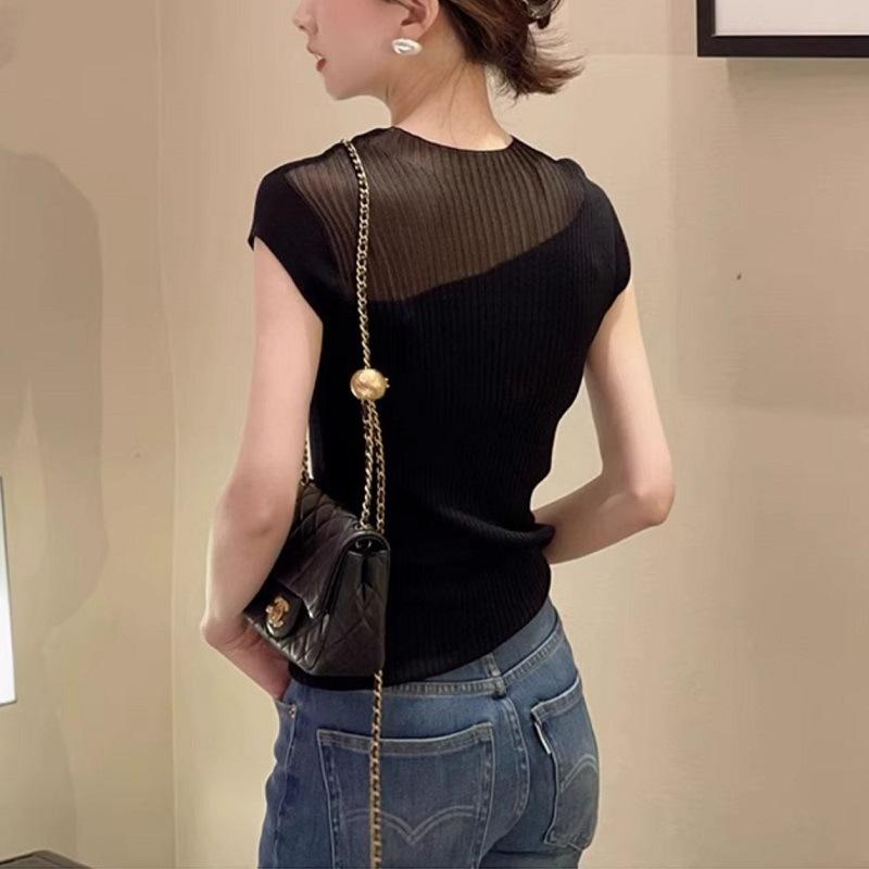 Netzrote Neue Französische Durchscheinende Strickware Kurzarm T-Shirt Damen Sommer Schulter Ärmellos Eisseide Top