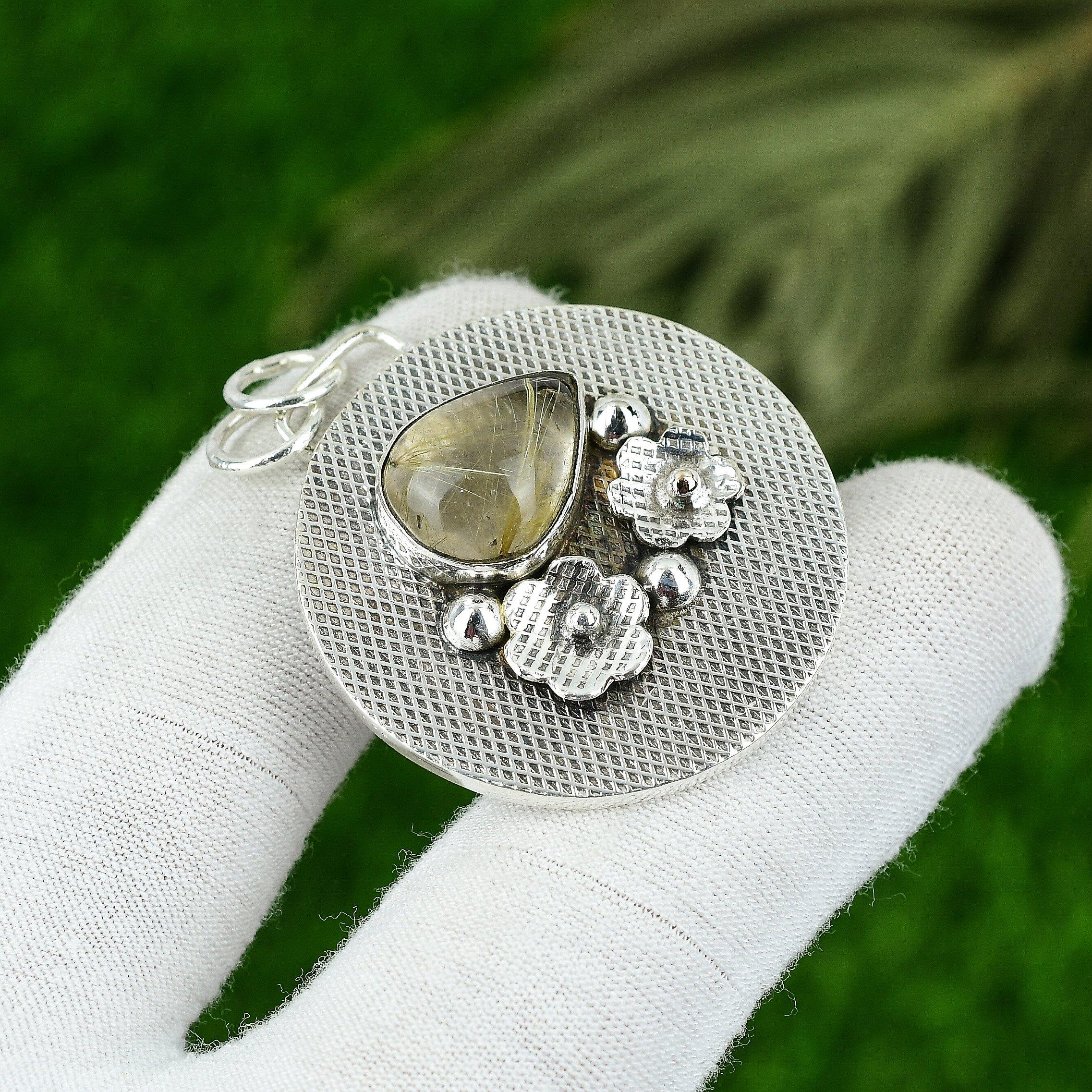 

Gift For Her 925 Sterling Silver Natural Golden Rutile Gemstone Jewelry Pendant