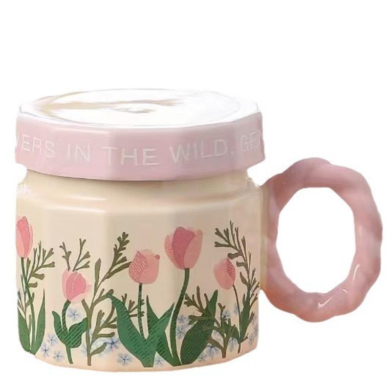 Retro Watercolor Flower Cup Ceramic Romantic Style Design Niche Coffee Mug Cover Light Luxury High End